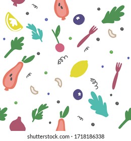 Frutas y bayas planas dibujadas a mano sin fisuras. Textura de caricatura de nutrición saludable. Ilustraciones de comida orgánica. Tejido de cocina, relleno vectorial de fondo. Dibujo dietético de color clipart. 