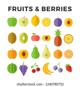 Fruits and berries flat icons. Apple, lemon, pineapple, pear, orange, banana, strawberry etc. Delicious fruits icons and berries. Vector icons set