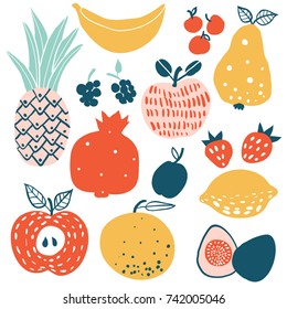 Fruits and berries flat icons set: lemon, orange, apple, pear, figs, pineapple. Colorful design for cards, banners, printed materials. Doodle style. Template for cafe, restaurant, bar. 