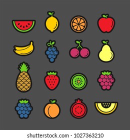 Fruits and berries flat vector icons set