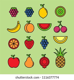 Fruits and berries flat vector icons set