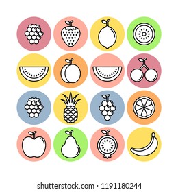 Fruits and berries flat vector icons set