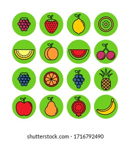 Fruits and berries flat vector icons set