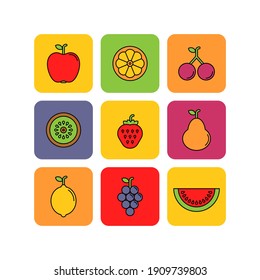 Fruits and berries flat vector icons set