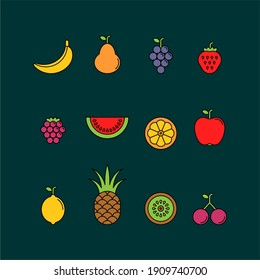 Fruits and berries flat vector icons set