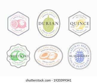 Fruits and Berries Frame Badges or Logo Templates Collection. Hand Drawn Papaya, Kiwi, Durian, Quince and Blackberry Sketches with Typography and Borders. Vintage Premium Emblems Set. Isolated.