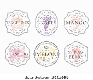 Fruits and Berries Frame Badges or Logo Templates Collection. Hand Drawn Tangerine, Mango, Grapes, Melon and Strawberry Sketches with Typography and Borders. Vintage Premium Emblems Set. Isolated.