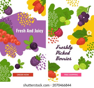 Fruits and berries freshly picked, nutrition and dieting, healthy balanced eating. Grapes and strawberry, blueberry or blackberry. Promo banner, advertisement or food presentation. Vector in flat