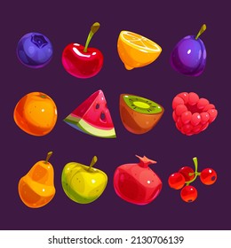 Fruits and berries game icons for casino, pc or mobile app puzzle ui elements. Plum, cherry, blueberry and orange with lemon, raspberry, kiwi, pear, apple, garnet and red currant, Cartoon vector set