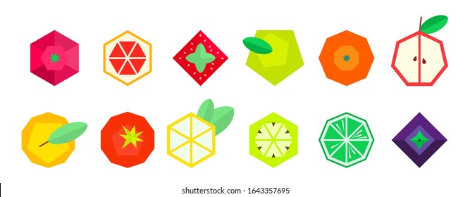 Fruits and berries in geometric style. Vector illustration. Polygonal fruits. Raspberry grapefruit strawberry Apple orange pear tomato lemon kiwi lime blueberry BlackBerry. Collection of fruits