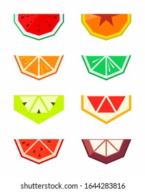 Fruits berries in geometric style. Vector illustration. Polygonal fruits. Raspberry grapefruit strawberry Apple orange pear tomato lemon kiwi lime blueberry BlackBerry watermelon. Collection of fruits