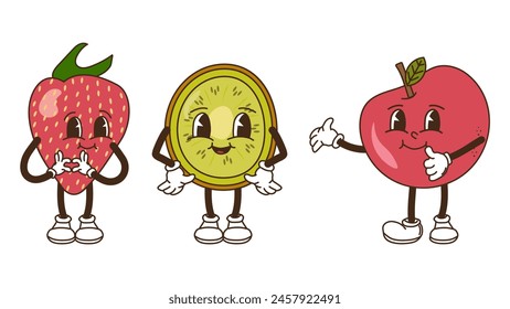 Fruits and berries in groovy style set. Strawberry kiwi and apple. Characters trendy retro, comic mascot. Design banner poster. Y2k Hippie 70s, 80s. Vector illustration.