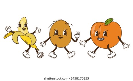 Fruits and berries in groovy style set. Banana coconut and orange. Characters trendy retro, comic mascot. Design banner poster. Y2k Hippie 70s, 80s. Vector illustration.