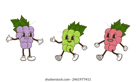 Fruits and berries in groovy style set. Grapes green purple and pink. Characters trendy retro, comic mascot. Design banner poster. Y2k Hippie 70s, 80s. Vector illustration.