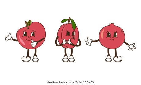 Fruits and berries in groovy style set. Apple plum and pomegranate. Characters trendy retro, comic mascot. Design banner poster. Y2k Hippie 70s, 80s. Vector illustration.