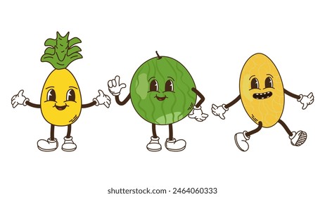 Fruits and berries in groovy style set. Pineapple watermelon and melon. Characters trendy retro, comic mascot. Design banner poster. Y2k Hippie 70s, 80s. Vector illustration.