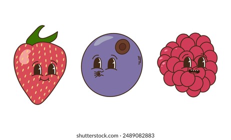 Fruits and berries in groovy style set. Strawberries blueberries raspberries. Characters trendy retro, comic mascot. Design banner poster. Y2k Hippie 70s, 80s. Vector illustration.