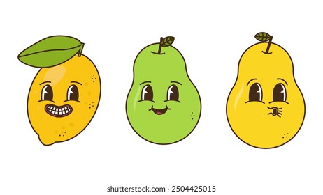 Fruits and berries in groovy style set. Lemon and pear. Characters trendy retro, comic mascot. Design banner poster. Y2k Hippie 70s, 80s. Vector illustration.