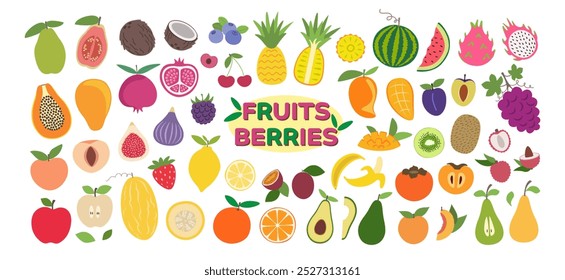 Fruits and berries hand drawn big collection. Sticker pack in trendy flat design. Set of icons in modern abstract minimal style. Vector illustration.


