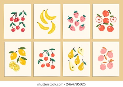 Cartas de frutas y bayas dibujadas a mano. Vector ilustraciones planas con frutas. Colección de afiches de Vector minimalista.