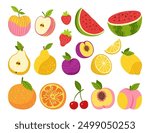 Fruits or berries hand drawn cartoon set. Sliced citrus lemon orange, apple, pear, watermelon peach fruits, trendy art with texture. Juicy strawberry plum cherry doodle drawn. Food vector illustration