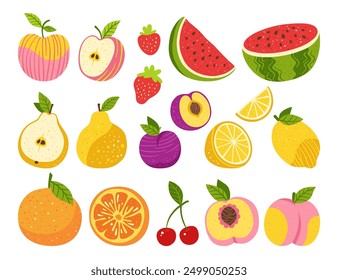 Fruits or berries hand drawn cartoon set. Sliced citrus lemon orange, apple, pear, watermelon peach fruits, trendy art with texture. Juicy strawberry plum cherry doodle drawn. Food vector illustration