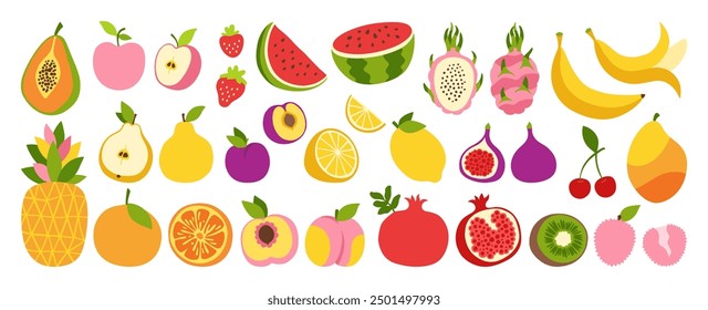 Fruits or berries hand drawn cartoon set. Sliced lemon orange apple pear, watermelon peach papaya fig, pineapple dragon fruits, kiwi mango banana pomegranate. Juicy strawberry plum cherry vector drawn