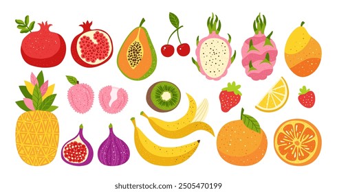 Fruits or berries hand drawn cartoon set. Sliced orange, papaya fig litchi pineapple, dragon fruits trendy art with texture. Juicy kiwi, mango banana pomegranate, strawberry cherry doodle vector drawn