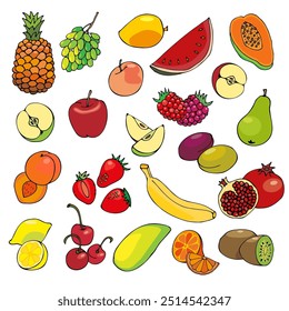 Fruits or berries, hand drawn cartoon set. Sliced ​​lemon, orange, apple, pear, banana, watermelon, peach, papaya, pineapple, kiwi, mango, banana, pomegranate, strawberry, cherry, plum and raspberry.