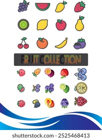 Fruits or berries hand drawn cartoon set. Sliced lemon orange apple pear, watermelon peach papaya fig, pineapple dragon fruits, kiwi mango banana pomegranate. Juicy strawberry plum cherry vector drawn