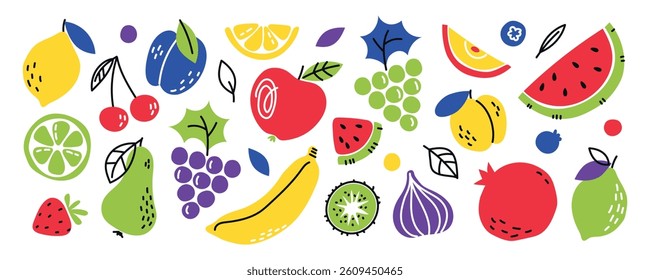 Fruits or berries hand drawn doodle set. Sliced ​​and whole lemon, apple, watermelon, banana. Juicy fresh vegetarian healthy food. Hand drawn vector