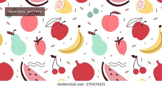 Fruits and Berries Hand Drawn Seamless Pattern. Apple, Peach, Mango, Watermelon and other Tropical Fruits. Pattern Design in Scandinavian Minimal Style. Flat Cartoon Vector  Illustration.