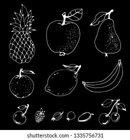 Fruits, berries hand drawn set. Line art. Isolated on black background