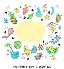 Fruits and berries hand drawn set. Place for inscription. Summer frame. Healthy food, menu background, summer print.1