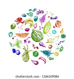 Fruits and berries. Hand drawn sketch doodle vector illustration.