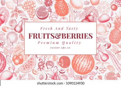 Fruits and berries hand drawn vector illustration. Retro engraved style design. Can be use for menu, label, packaging, farm market products.