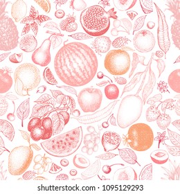 Fruits and berries hand drawn vector seamless pattern. Retro engraved style background. Can be use for menu, label, packaging, farm market products.