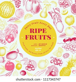 Fruits and berries hand drawn vector illustration. Retro engraved style banner design. Can be use for menu, label, packaging, farm market products.