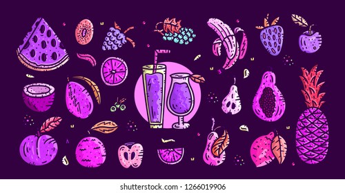 Fruits and berries. Hand drawn vector illustrations. Isolated elements. Doodle style art. Juice and cocktail concept