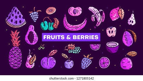 Fruits and berries. Hand drawn vector illustrations. Isolated elements. Purple style