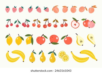 Fruits and berries hand-drawn flat illustrations. Vector set. The modern minimalistic colorful fruits design elements isolated on white background.