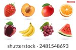 Fruits and berries, high quality realistic vector set. Strawberry, peach, mango, orange, apple, banana, grapes, watermelon