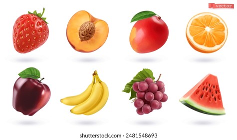 Obst und Beeren, hochwertige realistische Vektorgrafik gesetzt. Erdbeere, Pfirsich, Mango, Orange, Apfel, Banane, Trauben, Wassermelone