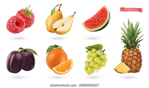 Frutas y bayas, conjunto de Vector realista de alta calidad. Frambuesa, pera, sandía, piña, uvas, naranja, ciruela