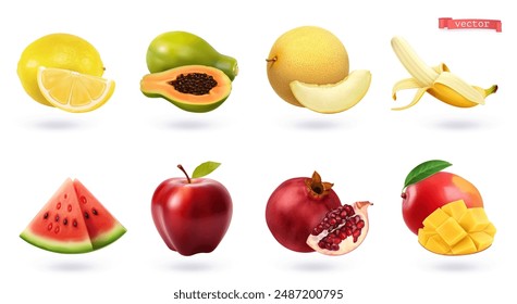 Fruits and berries, high quality realistic vector set. Lemon, papaya, melon, banana, watermelon, apple, pomegranate, mango