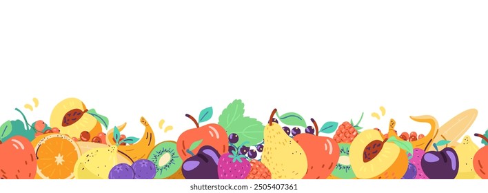 Fruits and berries horizontal seamless border vector illustration.