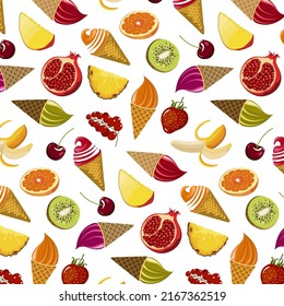 Frutos, bayas y helados en un patrón.Vector con frutas tropicales, bayas y helados brillantes en un fondo transparente.