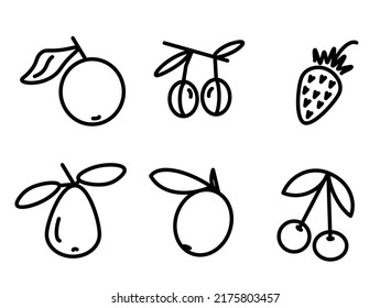 Früchte und Beeren sind eine Vektorgrafik. Apfel-, Birnen-, Pflaumen-, Kirschen-, Erdbeersymbolen.