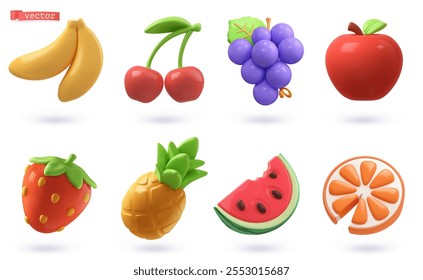 Fruits and berries icon 3d render cartoon vector set. Banana, cherry, grape, apple, strawberry, pineapple, watermelon, orange