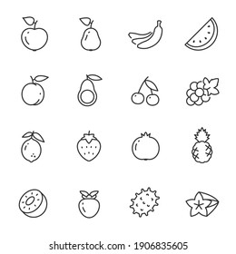 Fruits And Berries Icon Set. Apple, Kiwi, Orange And More. Food, Organic Nutrition. Line With Editable Stroke